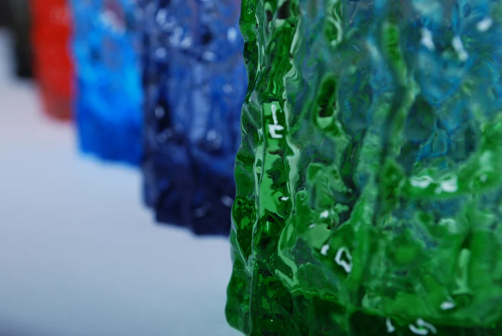 Whitefriars set colorful glass 'Textured Bark' by Geoffrey Baxter